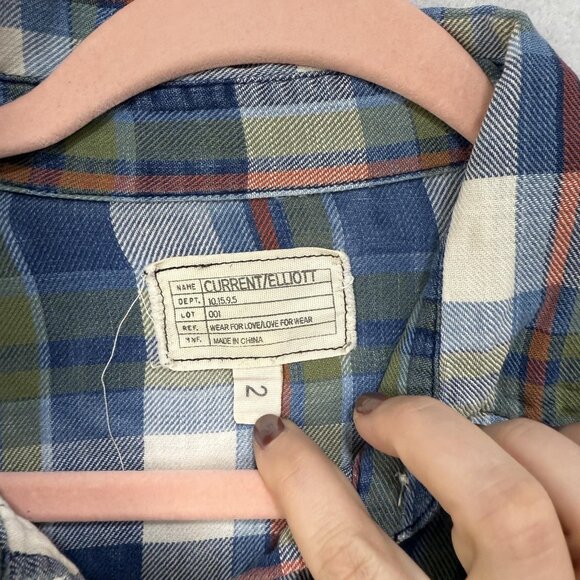 Current/Elliott Shirt Womens Medium Blue Green Plaid Button Down Long Sleeve - Picture 4 of 12